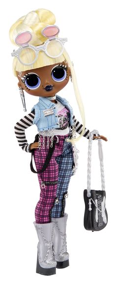 a doll with glasses holding a purse and a cell phone in her hand, on a white background