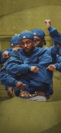 two men in blue uniforms hugging each other while one man holds his arm around the other