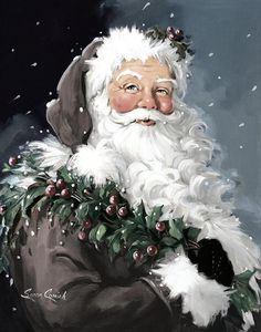 a painting of santa claus with holly wreaths