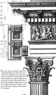 an architectural drawing shows the design for a column with carvings on top and below it