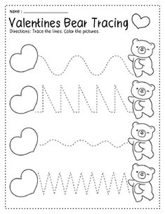 valentine's bear traceing worksheet with hearts and bears on the lines