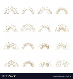 the sun is shining in different styles and colors on a white background with gold lines