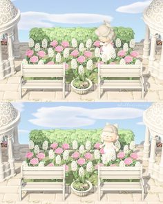 there are two pictures of a bench with flowers in the middle and on the other side