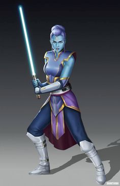 a cartoon character holding a light saber in her right hand and wearing a purple outfit