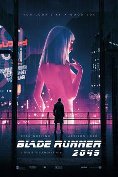 a movie poster for blade runner 2013 with a man standing in front of a woman