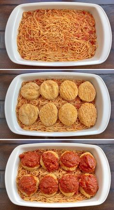 three pictures of different types of food in white casserole dishes on a wooden table