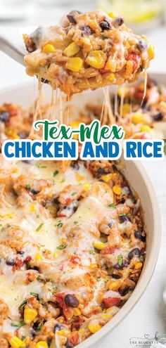 tex mex chicken and rice casserole in a white dish