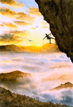 a painting of a man climbing up the side of a mountain at sunset royalty illustration