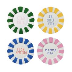 four plates with different designs on them, one has the word'moma mia'in