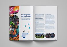 an open brochure with images of people in the background and text that reads working with the community