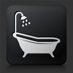 a black square button with a white bathtub and shower head in the center on a dark background