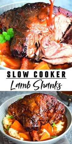 slow cooker lamb shanks with carrots, potatoes and gravy in a bowl