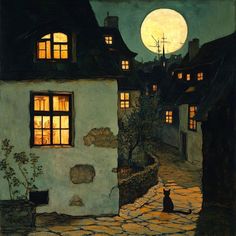 a painting of a cat sitting in front of a house at night with the moon behind it