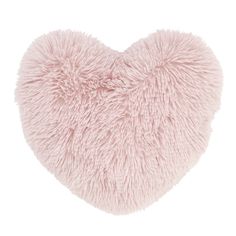 a pink heart shaped pillow with fluffy fur on the top and bottom, against a white background