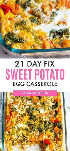 an egg casserole in a glass dish with the title text overlay reads 21 day fix sweet potato egg casserole