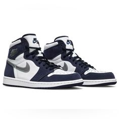 Air Jordan 1 Retro High Og Midnight Navy White/Metallic Silver/Navy Size 8 Men Brand New Comes With White And Blue Laces Comes With Box Blue Jordans Outfit, Nike Hightop, Jordan Outfit, Nike Air Vapormax Plus, Blue Jordans, Air Jordan 1 Retro High Og, Air Jordan 1 Retro High, Nike Air Force Ones, Retro Shoes