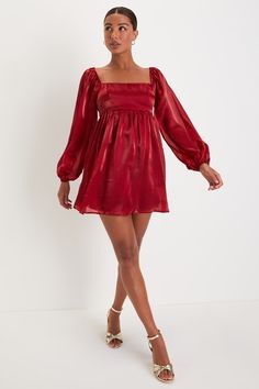 The Lulus Upscale Stunner Wine Red Organza Long Sleeve Babydoll Mini Dress will definitely be the reason why everyone's in awe of you! Gauzy woven organza (that boasts a subtle sheen throughout) shapes this darling dress that features a princess-seamed bodice, a square neckline, and sheer long sleeves with elastic at the shoulders and cuffs. The babydoll silhouette features a high, empire-style waist tops a twirly skater skirt that ends at a flirty mini hem. Hidden back zipper/clasp. Fit: This g Red Babydoll Dress, Wedding Lookbook, Red Long Sleeve Dress, Babydoll Mini Dress, Be The Reason, Lulu Fashion, Adhesive Bra, Darling Dress, Empire Style