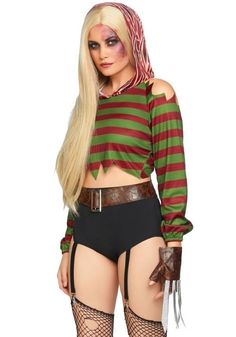 Women's Dream Killer Costume Lazy Halloween Costumes Women, Garter Shorts, Killer Costume, Freddy Krueger Costume, Lazy Halloween Costumes, Cold Shoulder Crop Top, Lazy Halloween, Horror Costume, Short Gloves