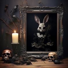 a rabbit in a black dress holding a flower next to two skulls and a candle