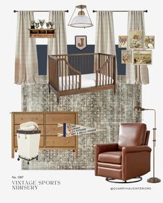 a baby's room with furniture and accessories in it, including a crib