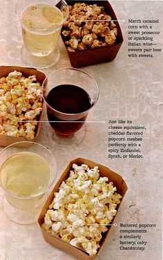 the ingredients for popcorn are shown in three separate dishes, including two cups and one container