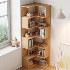 a corner book shelf in the corner of a room next to a window with an open window sill