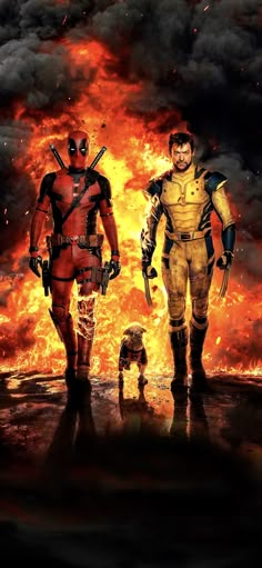 two deadpools standing next to each other in front of a large fire filled sky