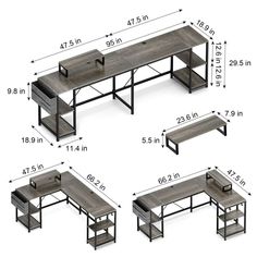 three tables and two benches are shown with measurements for each table, including the height