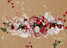 an arrangement of candy canes and christmas decorations on a brown background with snow flakes