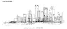 an abstract cityscape with lines and buildings on the white background stock photo - image