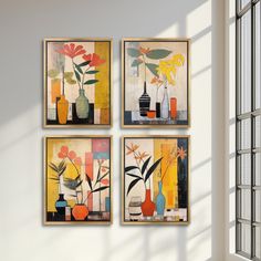 three framed art pieces with flowers and vases in them on a wall next to a window