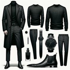 Revise the fashion illustration to include a high-quality black crew neck sweater, maintaining the mysterious and sophisticated outfit that complements the fragrance Ormonde Man by Ormonde Jayne. Keep the dark charcoal tailored wool coat, dark fitted trousers in fine wool or a wool-cashmere blend, black leather Chelsea boots with a slightly pointed toe, a minimalist black statement watch, and a silver signet ring. This update should reflect a casual sophistication, preserving the enigmatic allure and refined elegance suitable for a man of intrigue. Mysterious Clothes, Dark Outfits Men, Mens Outfits Dressy, Guys Fashion Casual, Chelsea Shoes, Mysterious Man, Stylish Mens Suits, Mens Business Casual Outfits