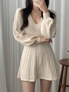 V Neck Cable Knit Long Sleeve Mini Dress - AnotherChill Korean Fashion Shorts, Short Sweater Dress, Street Y2k, Korean Fashion Casual, Crop Top Dress, Dress Sweater, Womens Knit Dresses, Mini Robes, Korean Dress