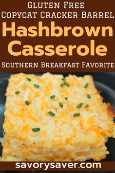 hashbrown casserole with text overlay that reads gluten free copycat cracker barrel hashbrown casserole southern breakfast favorite