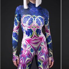 Brand New Never Worn! Purchased For $129 Size Small, Perfect Condition :) I Have Two Other Full Bodysuits Like This In My Shop So Feel Free To Bundle! Stretch Multicolor Unitard, Fitted Multicolor Bodysuit, Fitted Purple Unitard, Spring Fitted Unitard, Floral Bodysuit, Full Body Suit, Pant Jumpsuit, Jumpsuit Romper, Color Blue