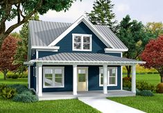 this is a computer rendering of a small blue house