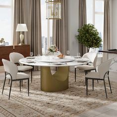 a dining room table with white chairs and a large window in the back ground area