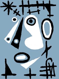 an abstract painting with black and white lines on blue background, including letters and numbers