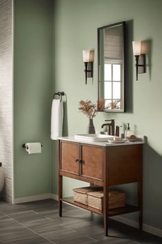 Sage Bathroom, Dark Brown Bathroom, Sage Green Bathroom, Pastel Bathroom, Modern Eclectic Home, Green Room Decor, Jade Design, Oak Bathroom