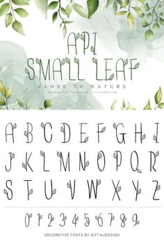 the font and numbers for an art project with leaves on it, in green tones