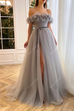 Vestidos Color Pastel, Tulle Prom Dress Long, Grey Evening Dresses, Special Occasion Gowns, Tulle Sleeves, A Line Prom Dresses, Dresses Blue, Short Prom, Tulle Prom Dress