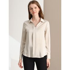 The smooth, soft, and minimalist design updates this collared no-buttons shirt for understated charm. This seriously chic long-sleeve shirt is the perfect way to elegantly elevate any outfit. This simple shirt is an elegant take on a wardrobe classic, featuring a stylish v-neckline. The charm of women is shown perfectly at this moment. In a red smooth fabric, this can be styled up or down whatever the occasion. Just tuck the front into black or white pants for an office day. Elegant Office Blouse With Placket Detail, Elegant Office Blouse With Placket, Elegant Office Wear Blouse With Placket, Formal Solid Blouse With Placket, Formal Blouse With Placket, Elegant Lapel Collar Blouse For Office, Elegant Office Blouse With Lapel Collar, Elegant Workwear Blouse With Placket, Elegant Workwear Blouse