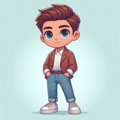 a cartoon boy with brown jacket and blue jeans standing in front of a light blue background