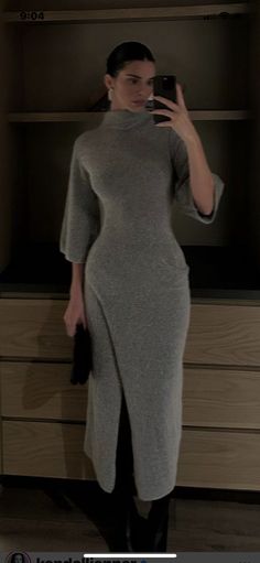 Winter Business Dress, Grey Midi Dress Outfit Winter, Grey Knit Dress Outfit Winter, Autumn Midi Dress Outfit, Champagne Slip Dress Outfit, Sweater Maxi Dress Outfit, Classy Winter Dress Outfit, Proposal Dress Engagement, Modest New Years Outfit