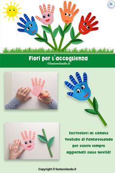 the instructions for making handprints with flowers and leaves in spanish are shown on this page