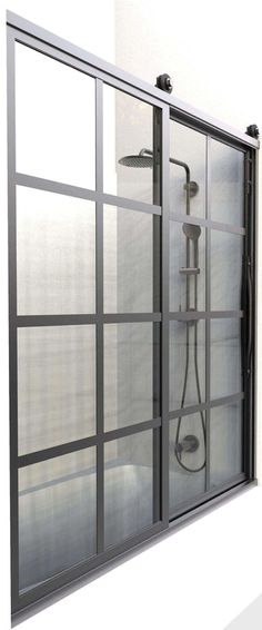 an open shower stall with glass doors on the outside and inside, in front of a white wall