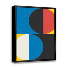 an abstract art piece with circles and colors on the canvas, framed in black wood frame