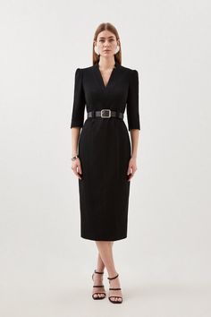 Structured Crepe Forever Belted Midaxi Pencil Dress | Karen Millen Elegant Fitted Belted V-neck Dress, Fitted V-neck Midi Dress For Career, Black Fitted V-neck Dress For Formal Occasions, Formal V-neck Midi Dress, Knee-length V-neck Dress For Office, Elegant Sheath V-neck Dress For Formal Occasions, V-neck Midi Dress For Office Wear, Classic V-neck Semi-formal Dress, Elegant Fitted V-neck Dress For Semi-formal Occasions