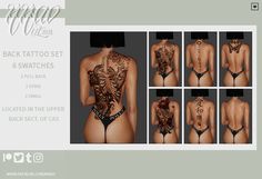 the back tattoo set is shown in several different styles and colors, including tattoos on each side