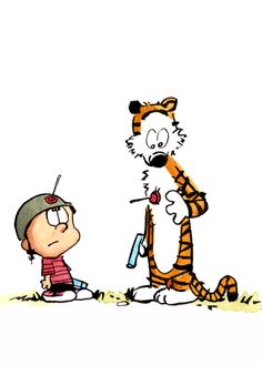 a drawing of a boy and a tiger with an apple in his mouth, standing next to each other